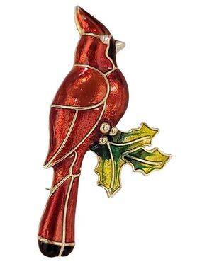 Napier Red Enamel Cardinal Holly Leaf Brooch Pin, Signed K430